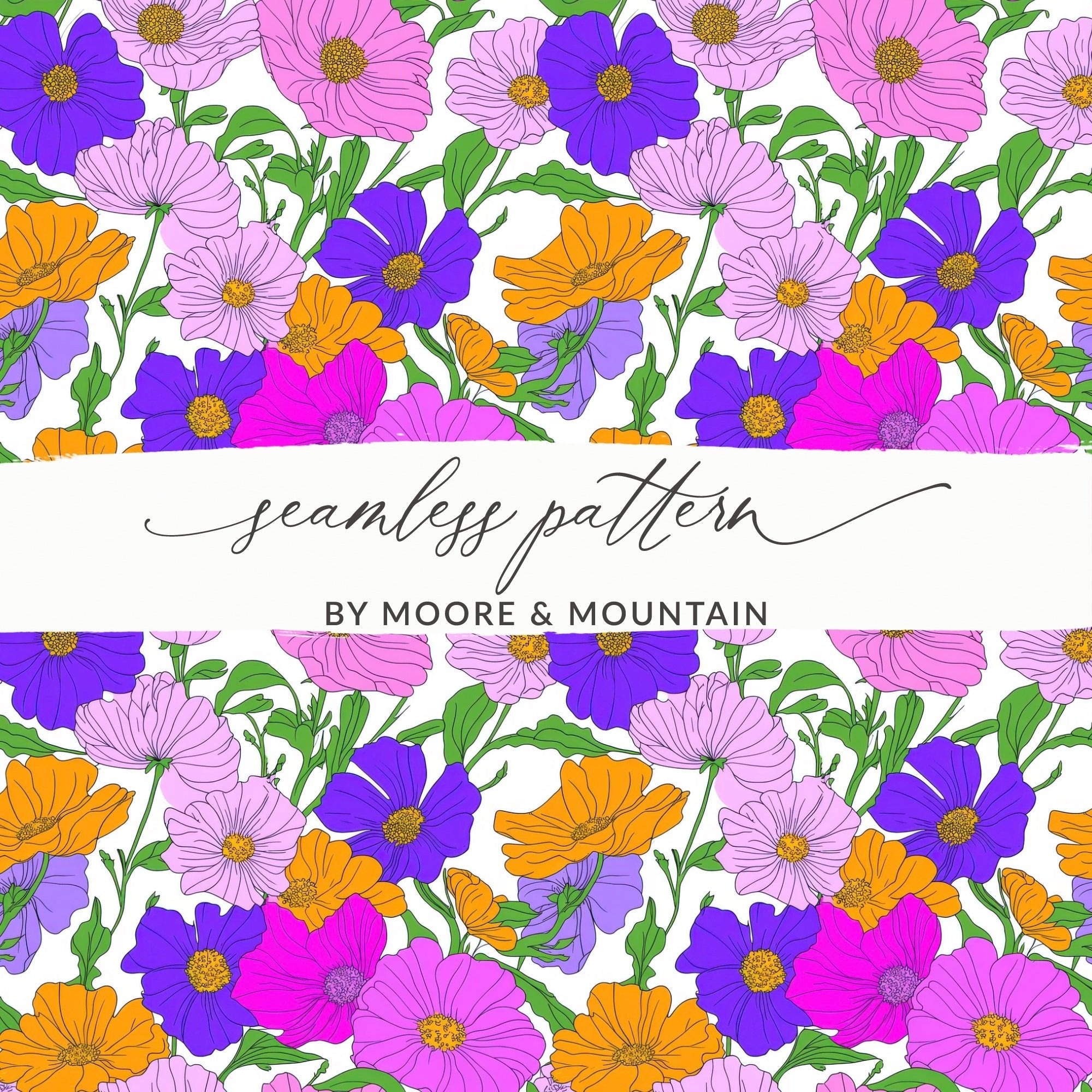 Preppy Pink, Purple, Orange 60's Floral Pattern, Digital Background, Seamless Pattern, Digital Download, Fabric Design, Wallpaper Design - Moore and Mountain