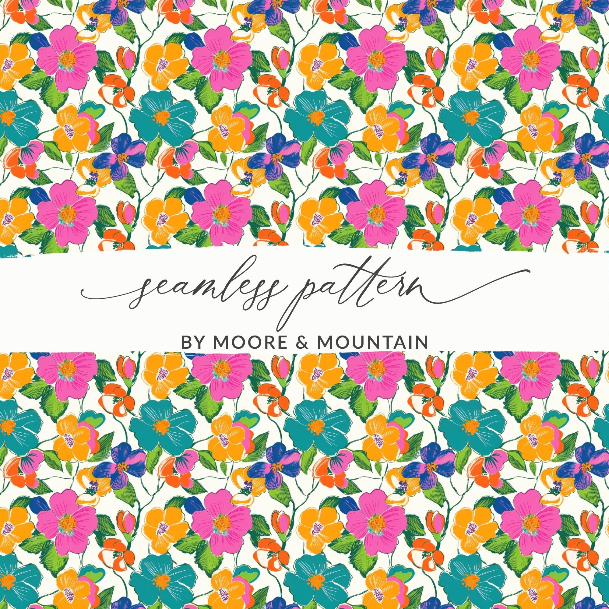 Preppy Pink Teal Orange Floral Seamless Pattern, Digital Background, 60s Floral Pattern, Colorful Flower Fabric Design, Repeat Print, Digital - Moore and Mountain