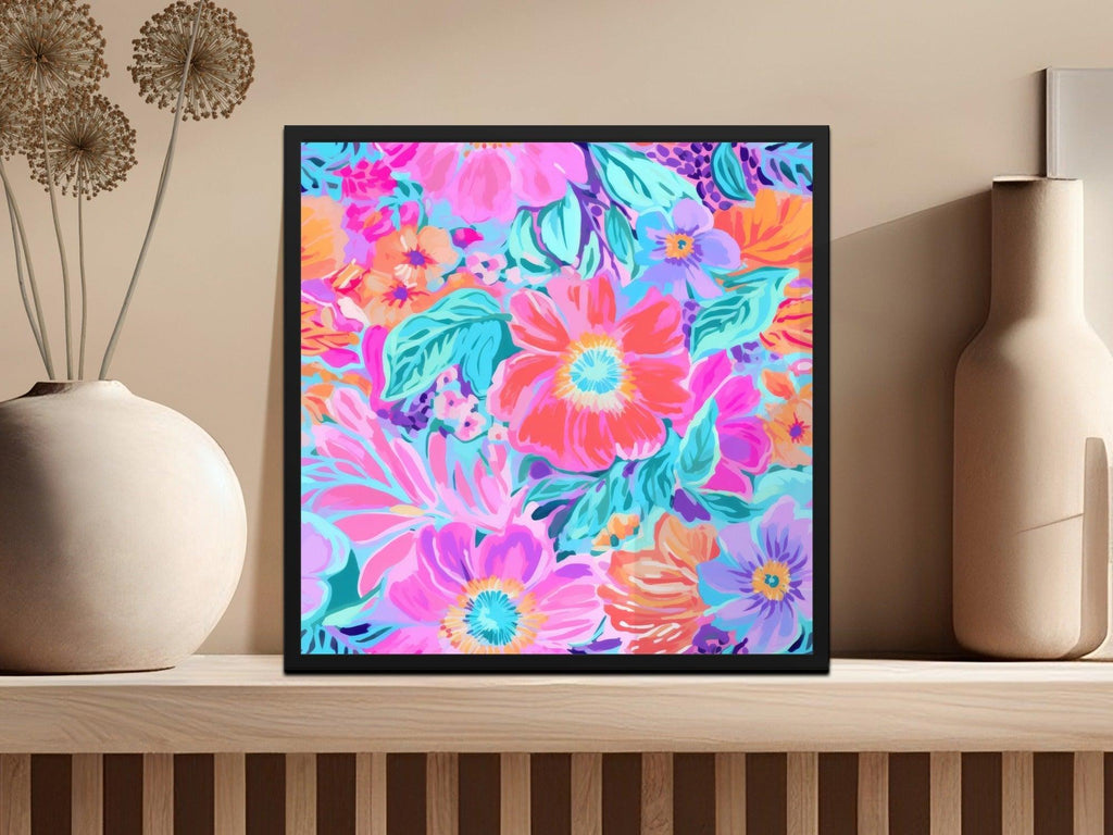 Preppy Purple and Teal Seamless Flower Pattern, Bright Colorful Floral Print, Pink Blue Floral Design, Neon Purple Preppy Floral Seamless Pattern - Moore and Mountain