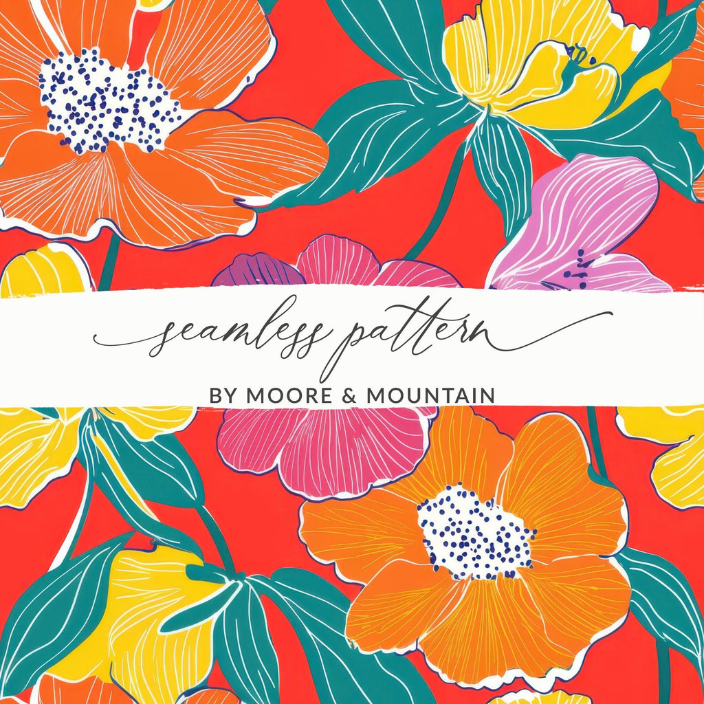 Preppy Red Digital Paper, 60s floral pattern, Seamless Retro Flowers, Flower Pattern Digital, Groovy Floral Background, Print File - Moore and Mountain