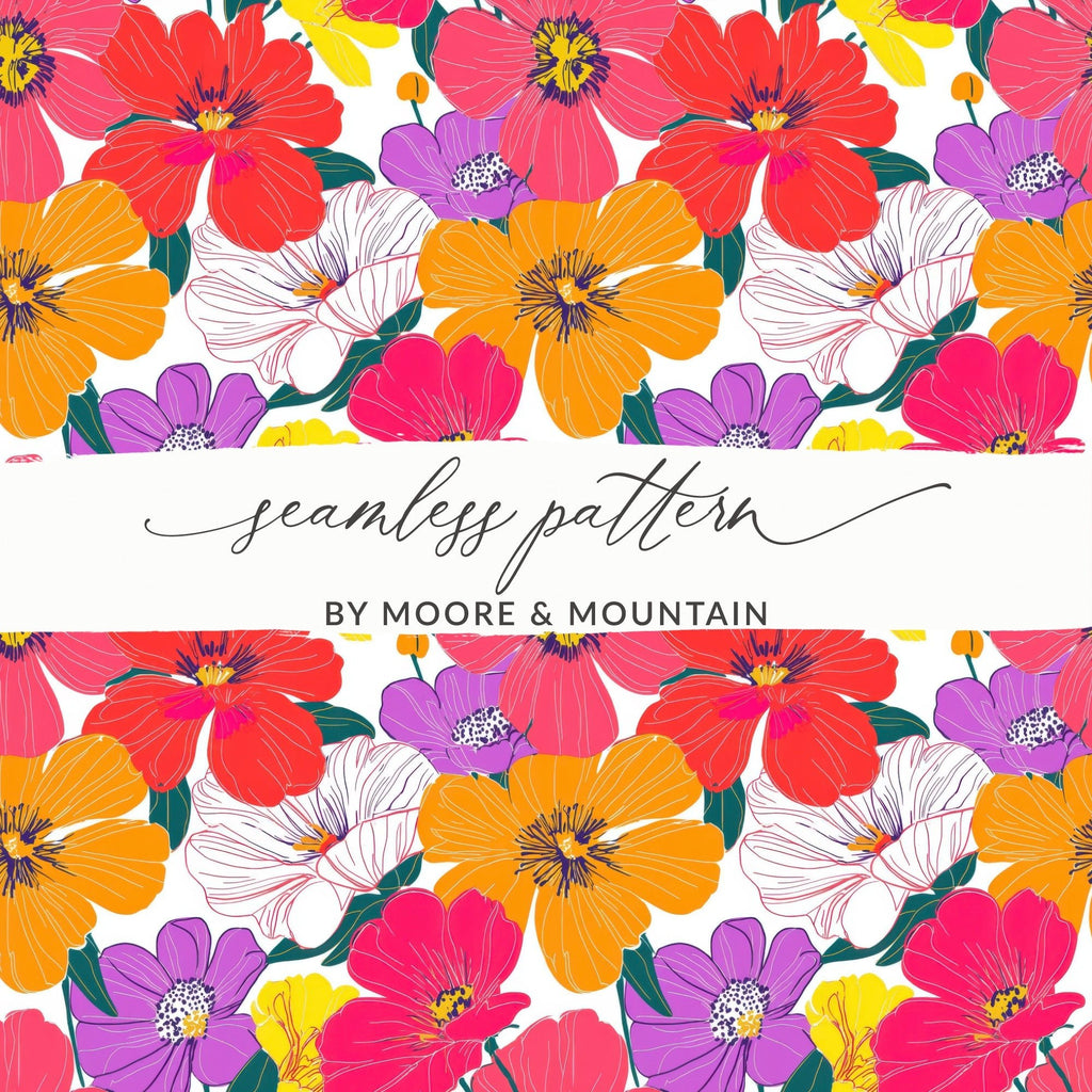 Preppy Red Orange 60's Floral Pattern, Seamless Pattern, Digital Background, Colorful Flowers Print, Digital Paper Pack, Fabric Design, Digital - Moore and Mountain