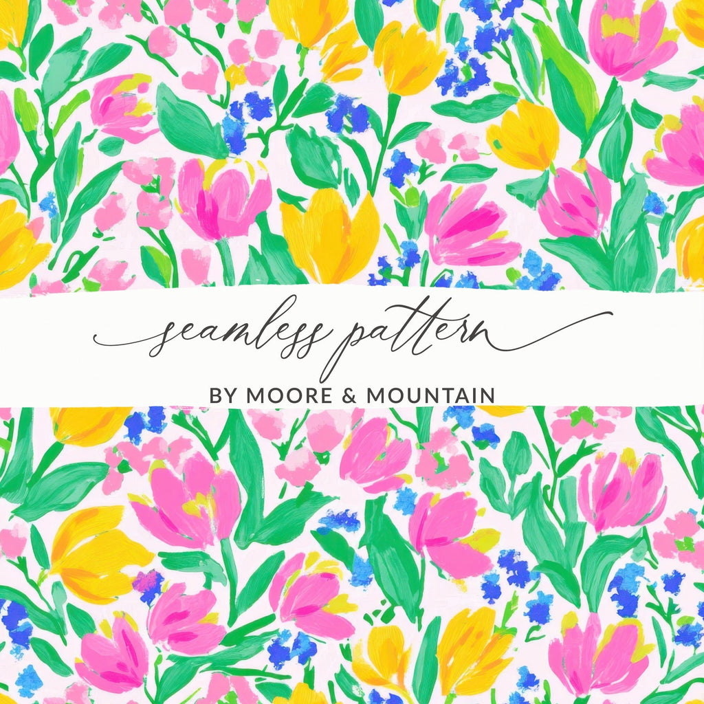 Preppy Seamless Pattern Bright Bold Tulips and Forget Me Nots Seamless Design Digital - Moore and Mountain