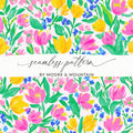 Preppy Seamless Pattern Bright Bold Tulips and Forget Me Nots Seamless Design Digital - Moore and Mountain