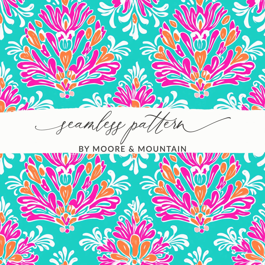 Teal Pink Damask Digital Paper, Seamless Pattern, Floral Repeat Pattern, Scrapbooking Paper, Commercial Use Digital Product - Moore and Mountain