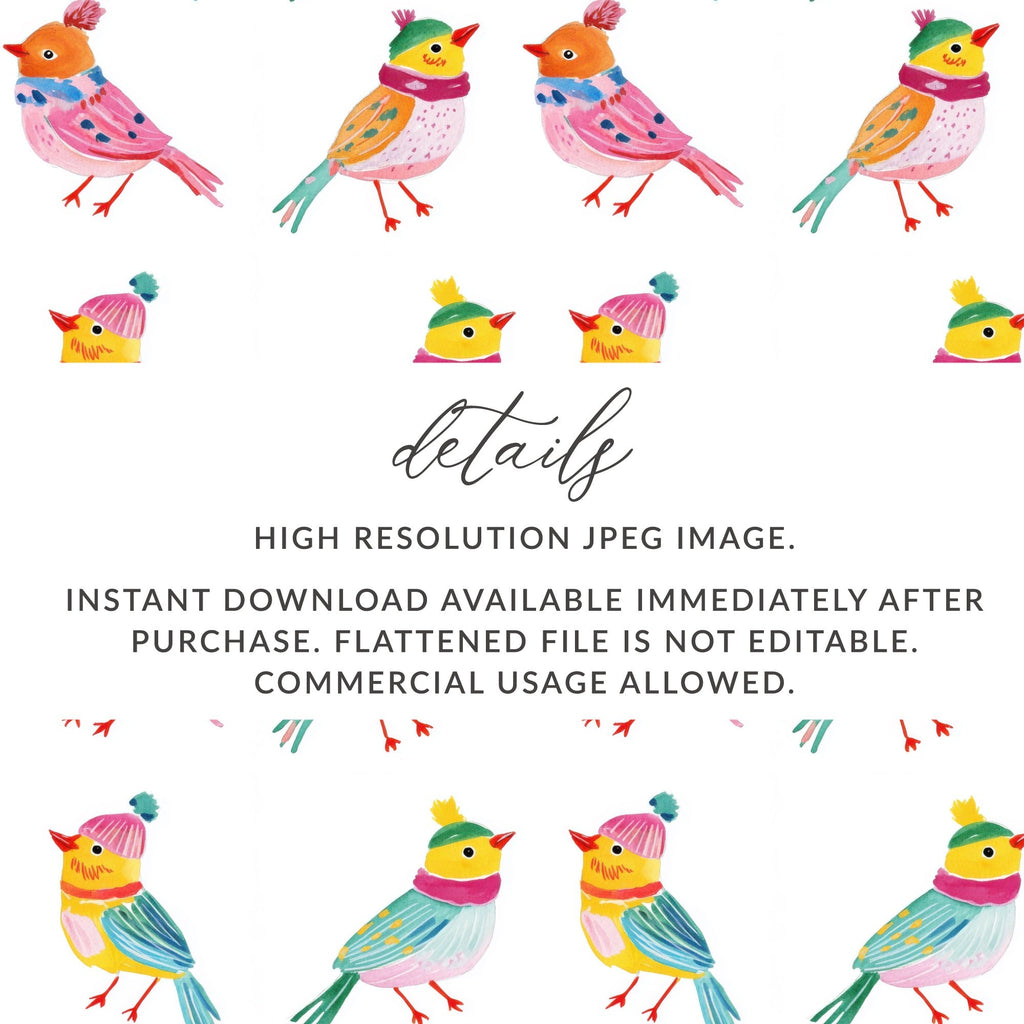 Preppy Winter Birds Hats Scarves Pattern Lovely Watercolor Art Digital - Moore and Mountain