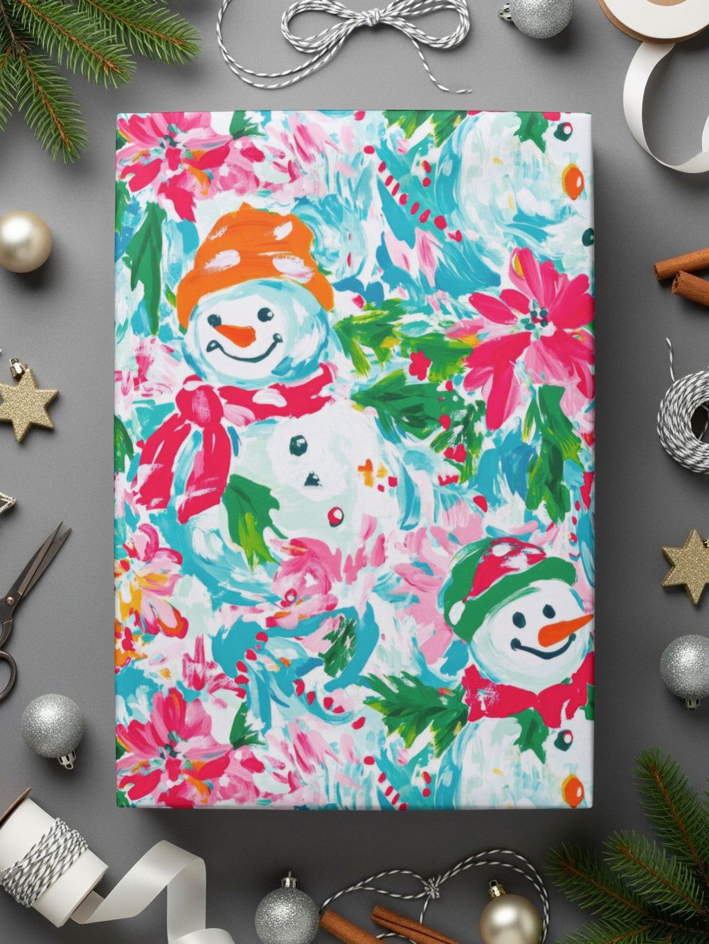 Preppy Xmas Seamless Pattern Festive Holiday Snowman Among Flowers Seasonal Pattern - Moore and Mountain