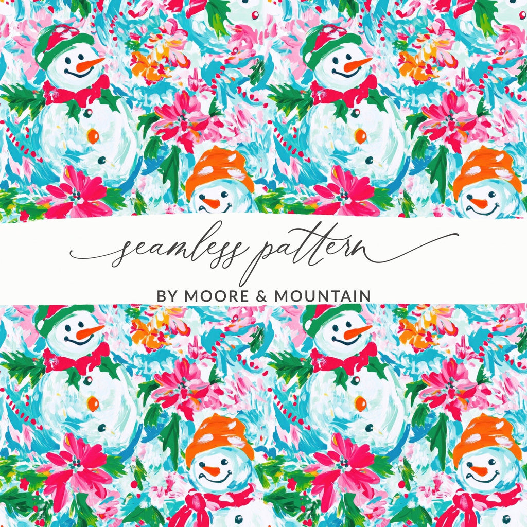 Preppy Xmas Seamless Pattern Festive Holiday Snowman Among Flowers Seasonal Pattern - Moore and Mountain