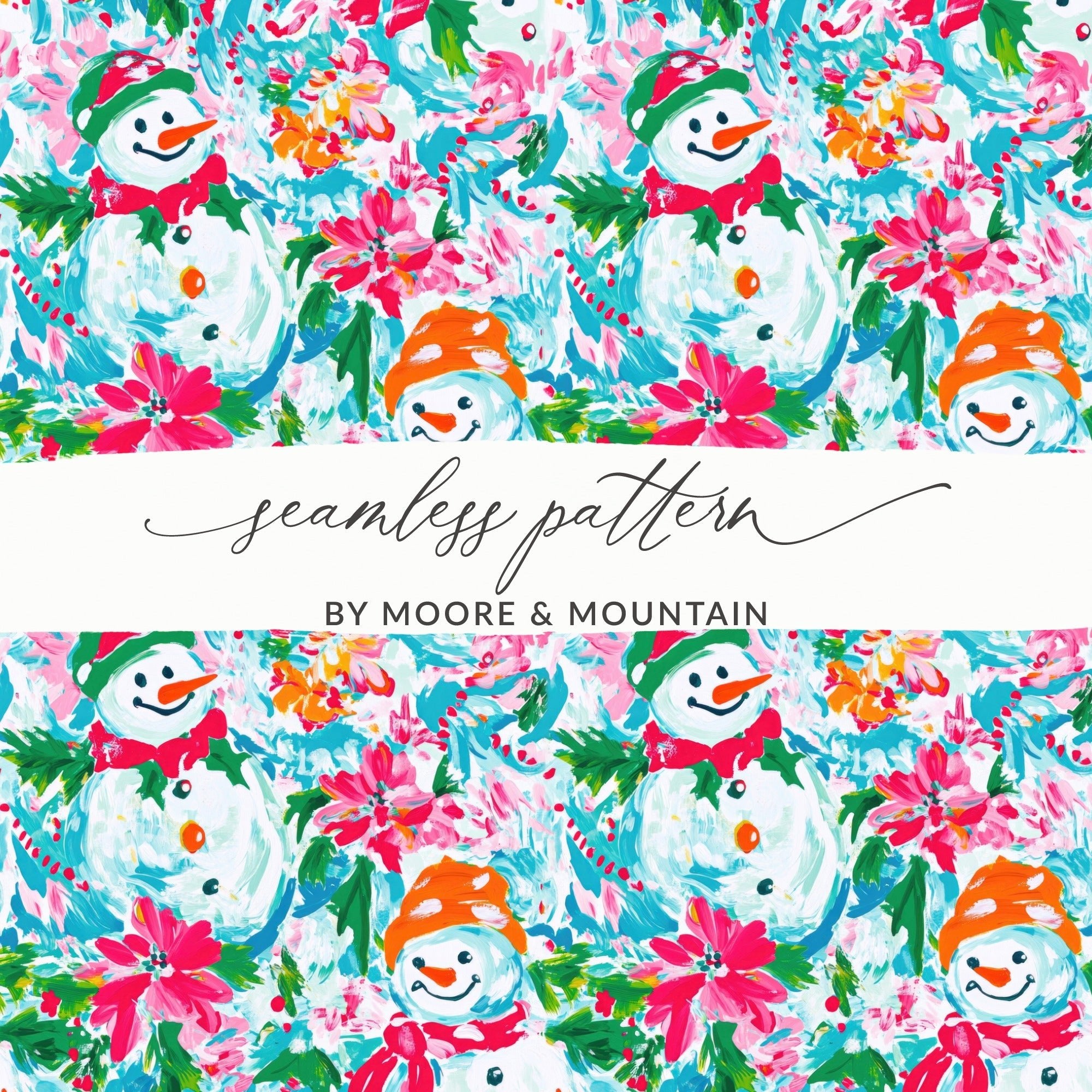 Preppy Xmas Seamless Pattern Festive Holiday Snowman Among Flowers Seasonal Pattern - Moore and Mountain