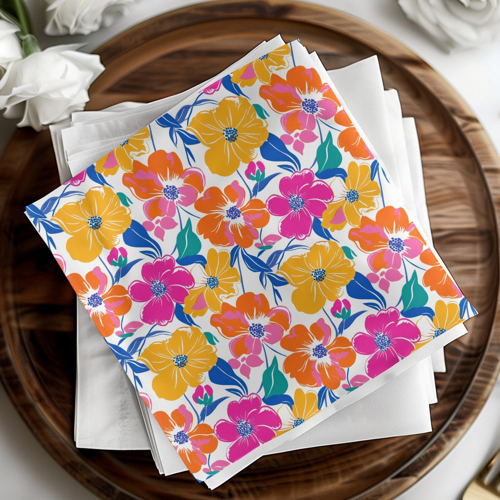 Preppy Yellow Pink Orange 60's Floral Pattern, Seamless Pattern, Digital Background, Colorful Flower Print, Retro Flowers, Digital Paper - Moore and Mountain