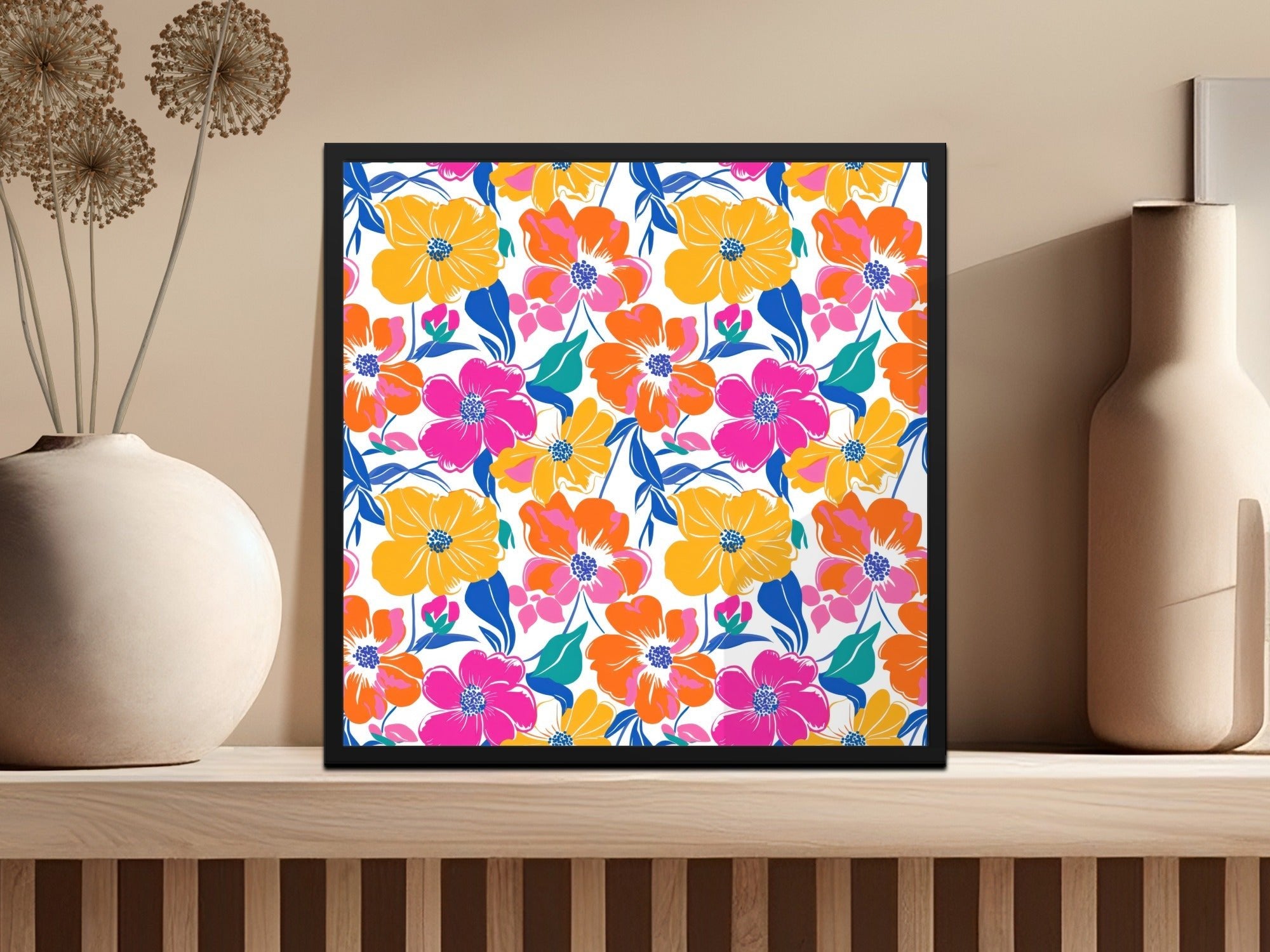 Preppy Yellow Pink Orange 60's Floral Pattern, Seamless Pattern, Digital Background, Colorful Flower Print, Retro Flowers, Digital Paper - Moore and Mountain