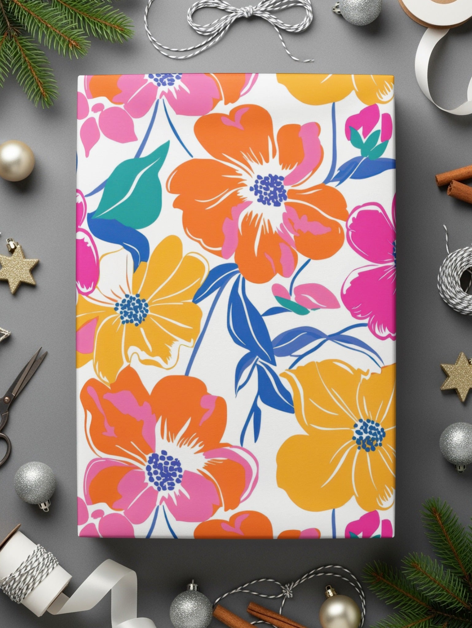 Preppy Yellow Pink Orange 60's Floral Pattern, Seamless Pattern, Digital Background, Colorful Flower Print, Retro Flowers, Digital Paper - Moore and Mountain