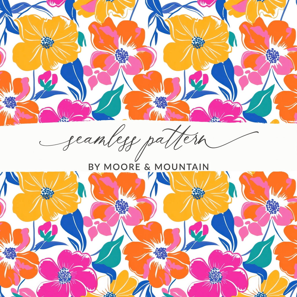 Preppy Yellow Pink Orange 60's Floral Pattern, Seamless Pattern, Digital Background, Colorful Flower Print, Retro Flowers, Digital Paper - Moore and Mountain