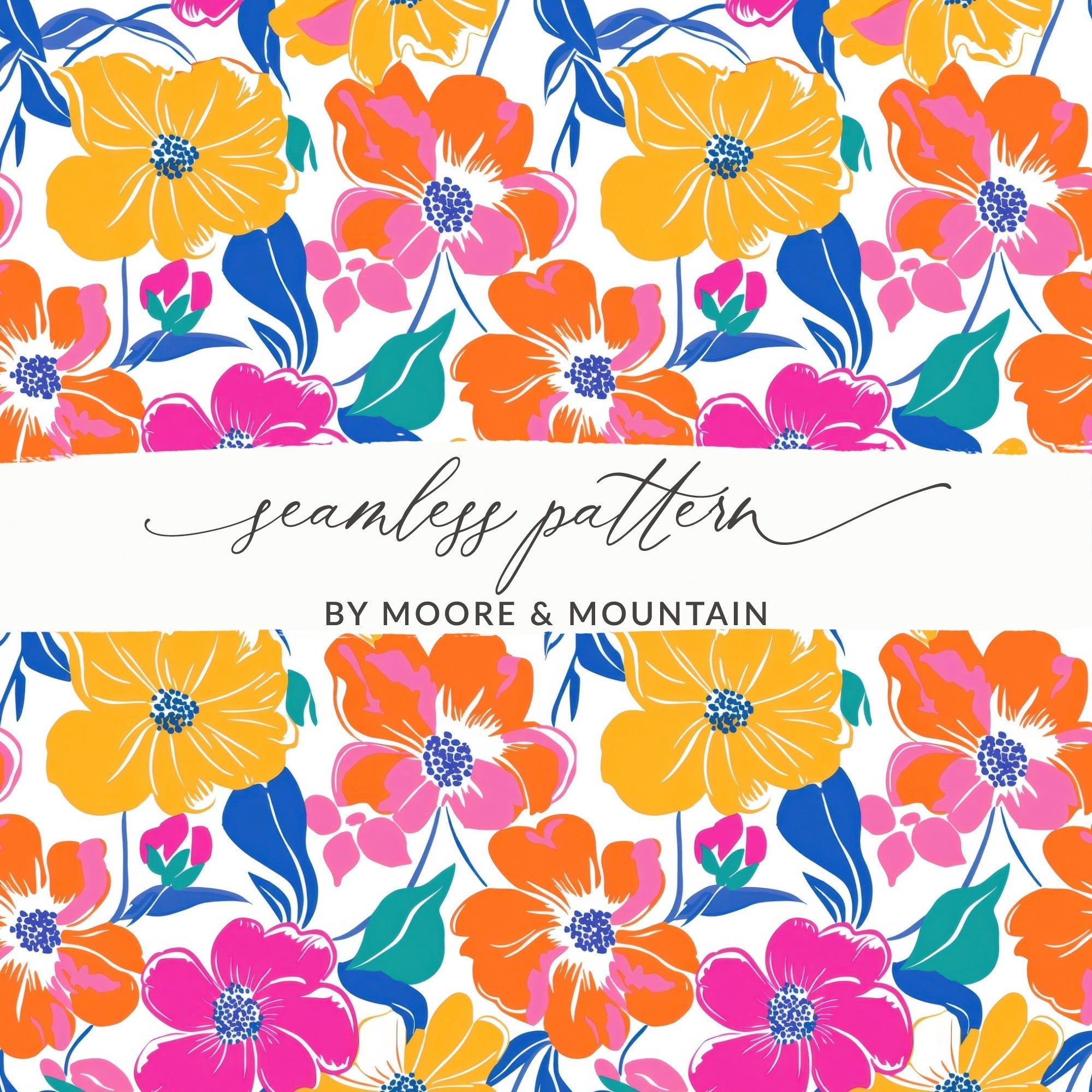 Preppy Yellow Pink Orange 60's Floral Pattern, Seamless Pattern, Digital Background, Colorful Flower Print, Retro Flowers, Digital Paper - Moore and Mountain
