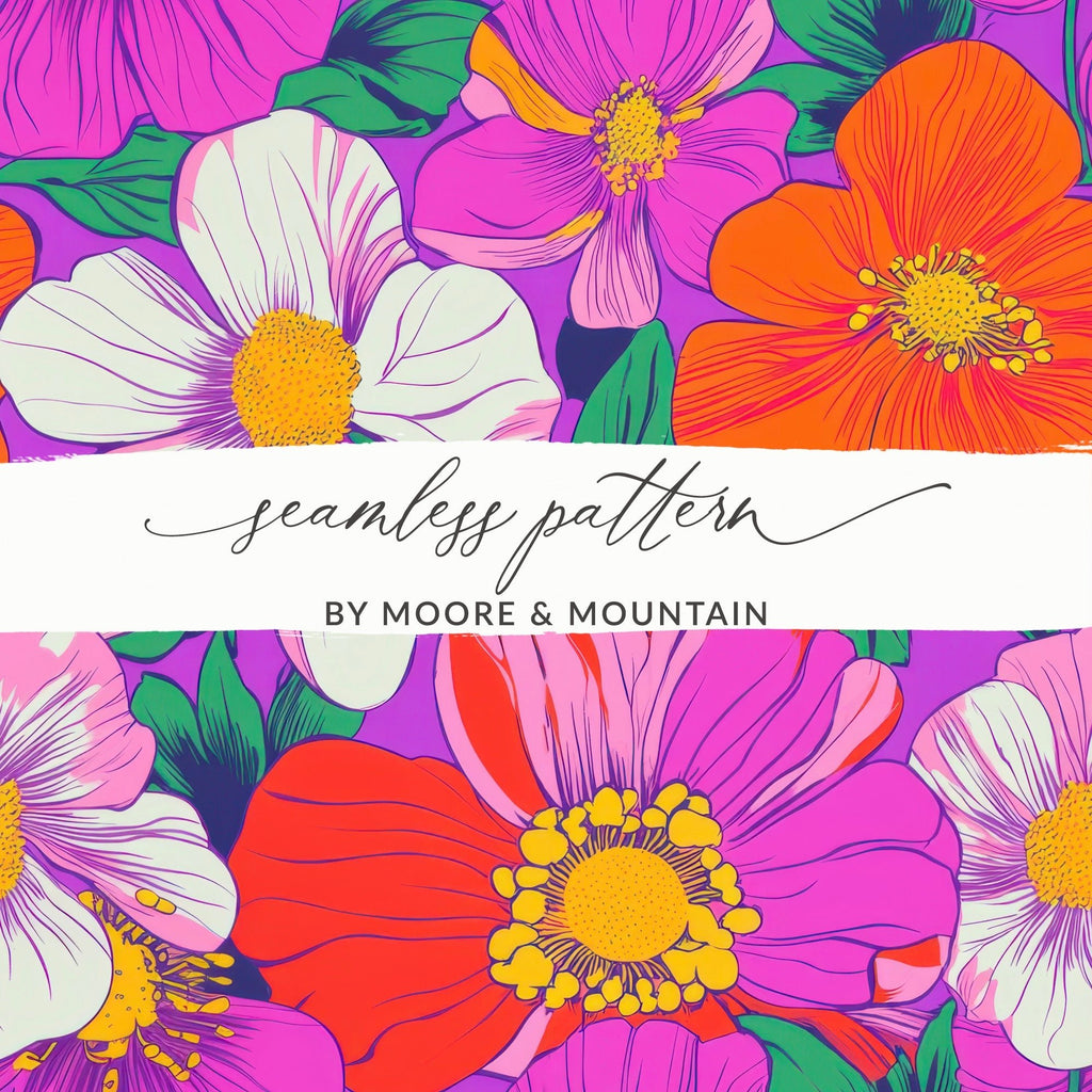Purple Preppy Digital 60s floral pattern, Seamless Retro Flowers, Groovy Floral Background, Digital Download, Fabric Design, Pattern Print - Moore and Mountain