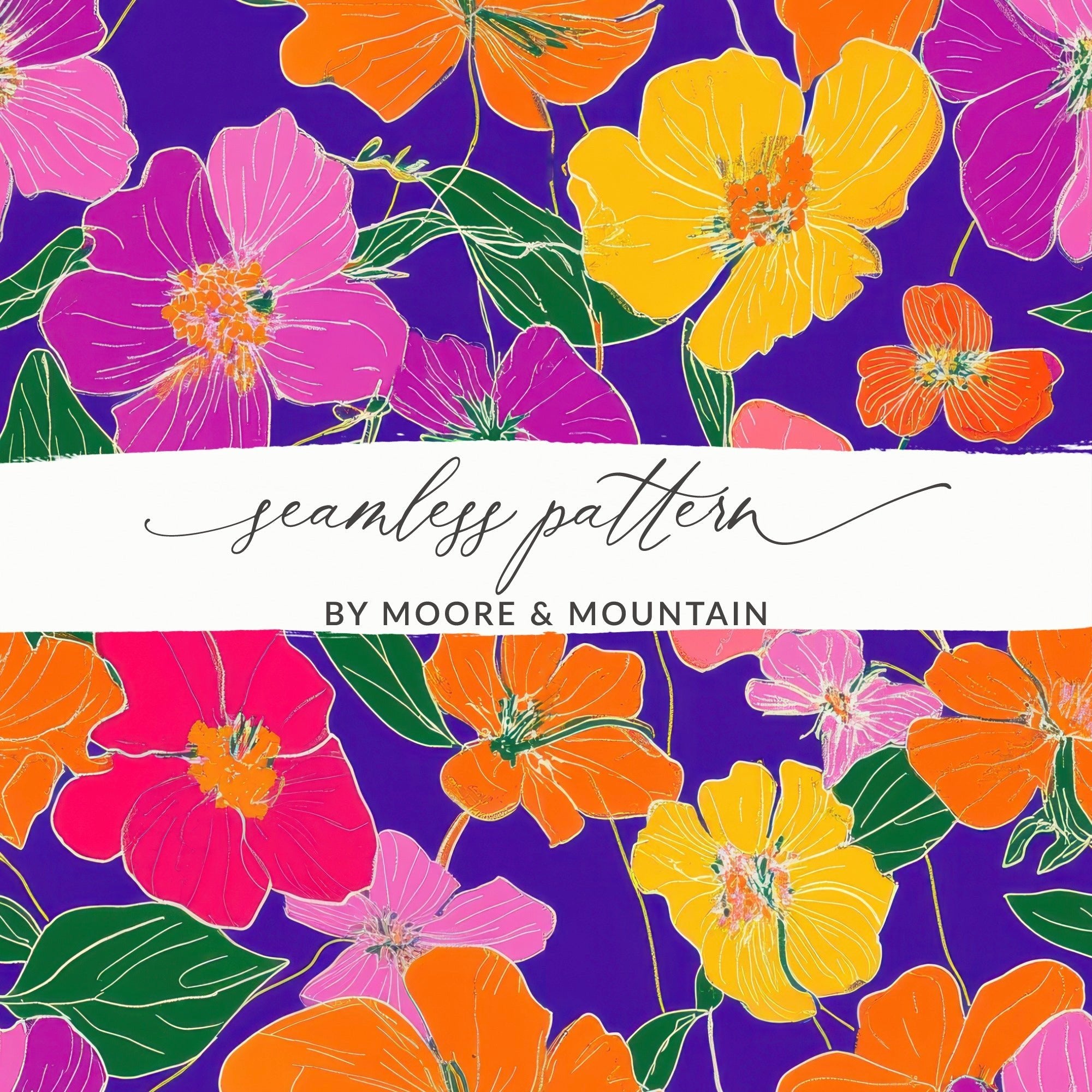 Purple Preppy Digital Paper, Groovy Floral Background, 60s Floral Pattern, Seamless Flowers, Flower Digital Design, Colorful Floral Art - Moore and Mountain