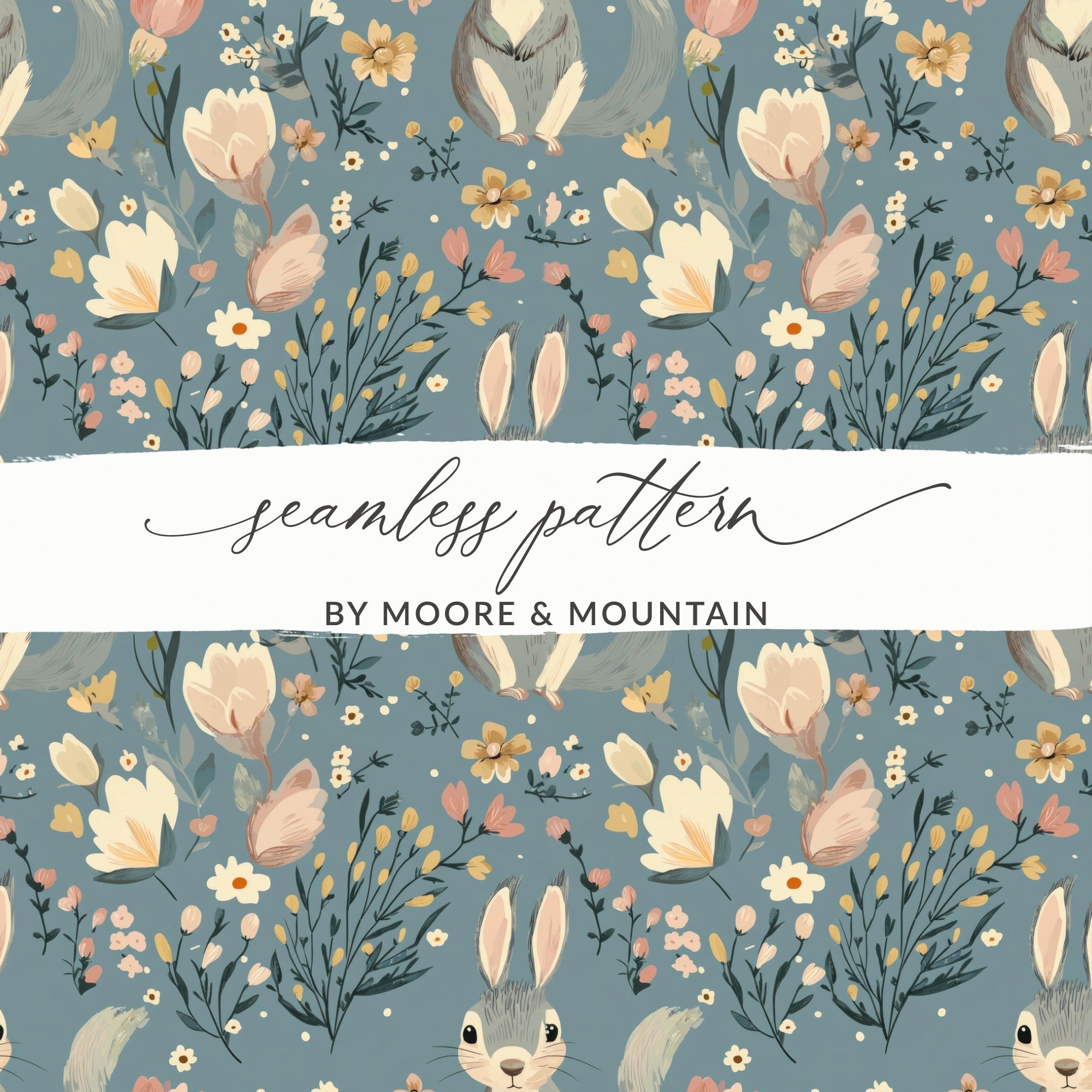 Rabbit Floral Digital Paper, Easter Pattern, Seamless Fabric Design, Bunny Background, Scrapbooking Paper, Floral JPEG Files - Moore and Mountain