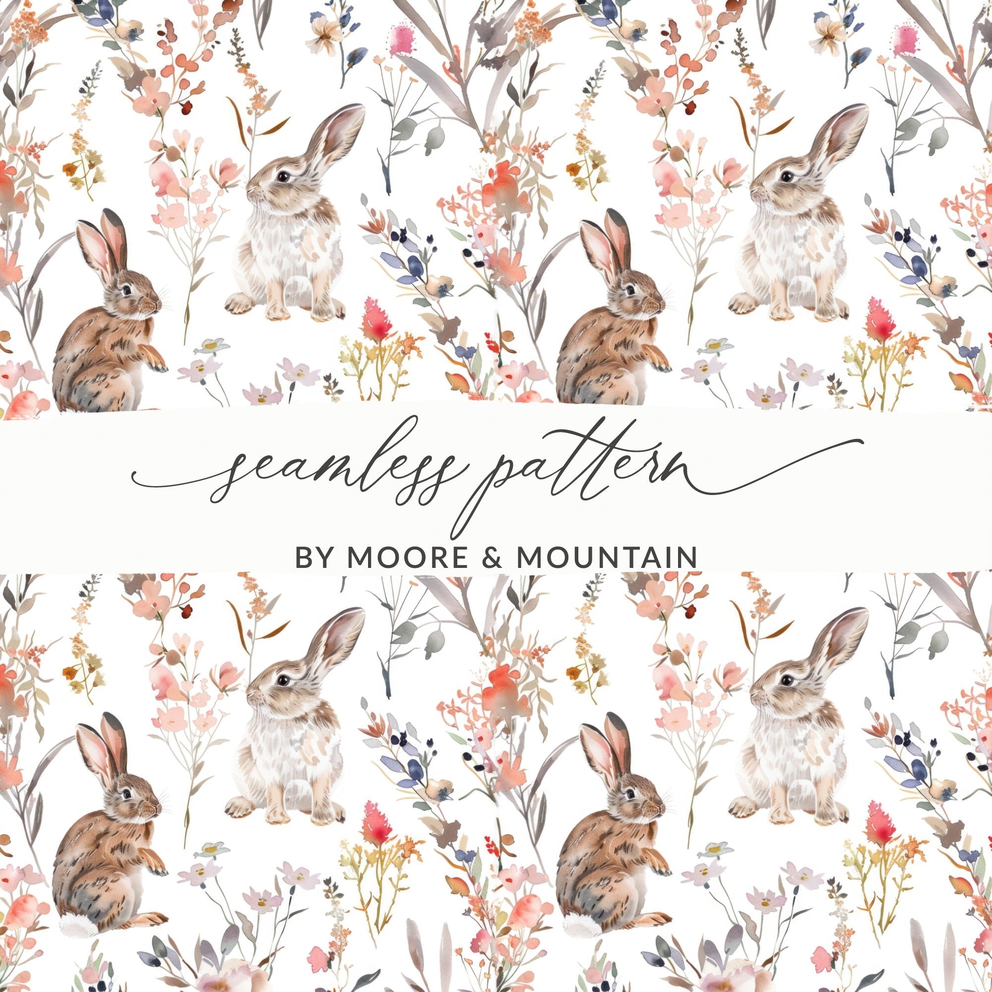 Rabbit Floral Seamless Pattern Digital Paper, Watercolor Animal Bunny, Spring Floral Pattern, Commercial Use, Digital Download - Moore and Mountain