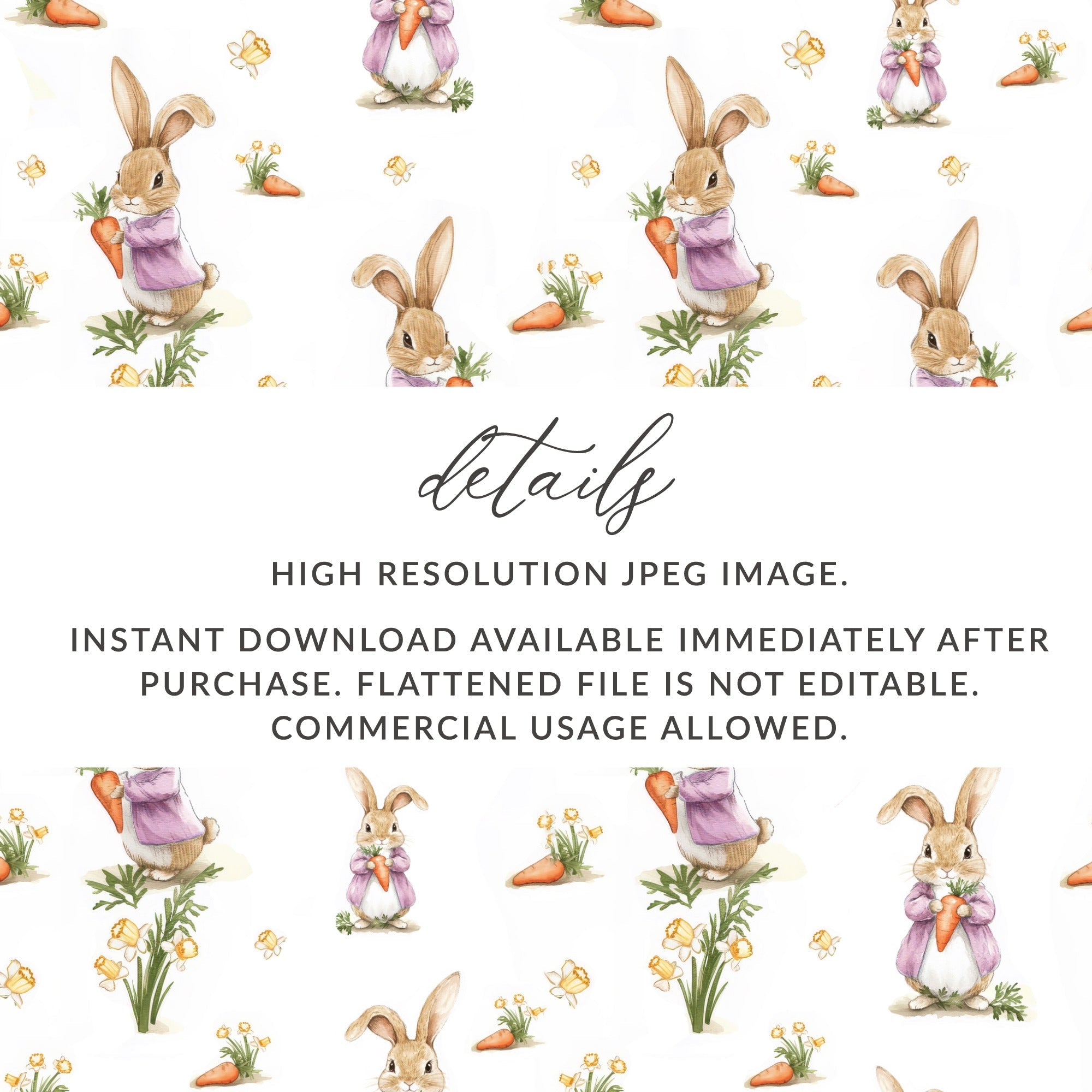 Rabbit Seamless Pattern, Digital Paper, Bunny Floral Design, 12x12 JPEG, Easter Fabric Design, Spring Pattern Digital Download - Moore and Mountain