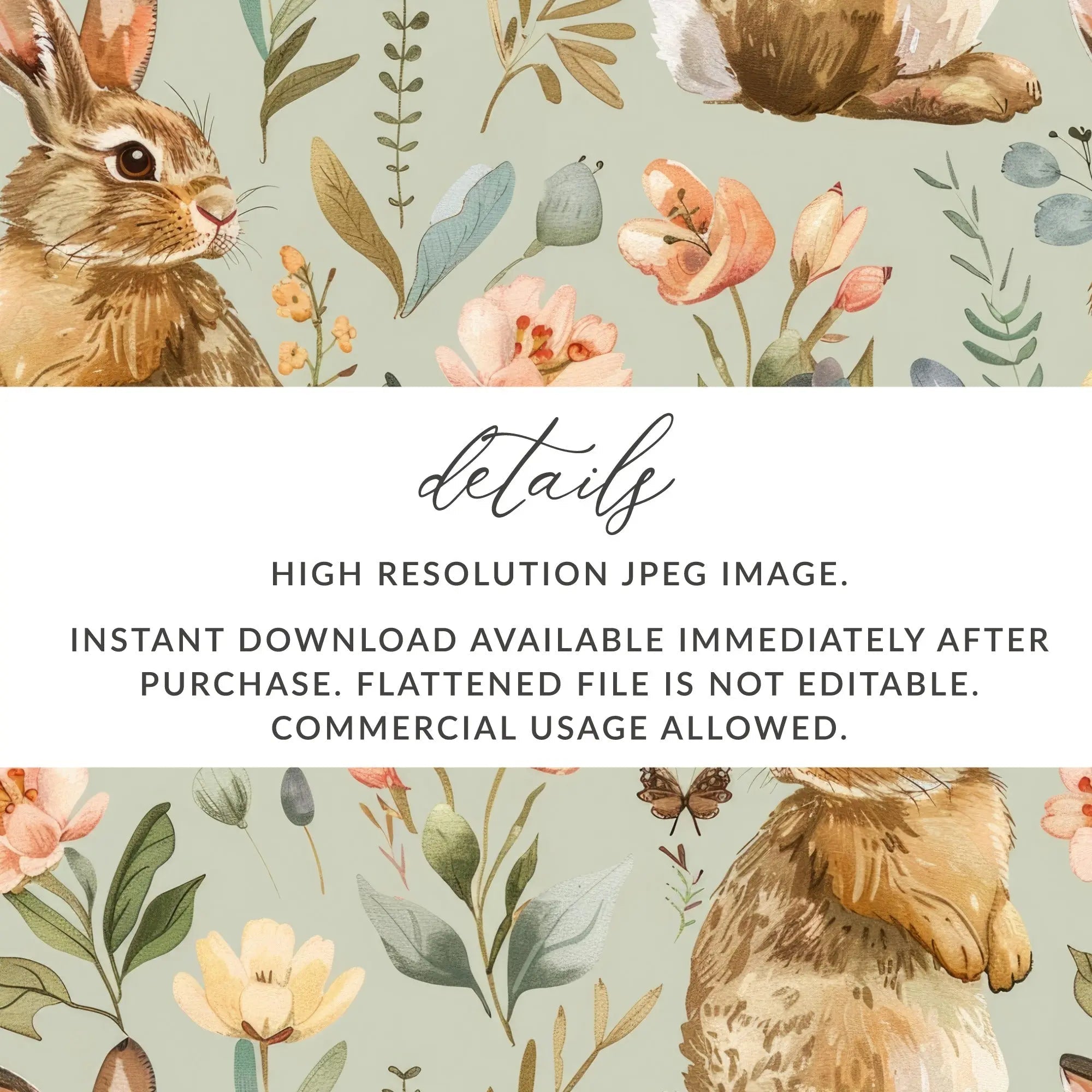 Rabbit Seamless Pattern Digital Paper, Floral Bunny Repeat Pattern, Cute Easter Fabric Design, Animal Illustration, Digital Download - Moore and Mountain