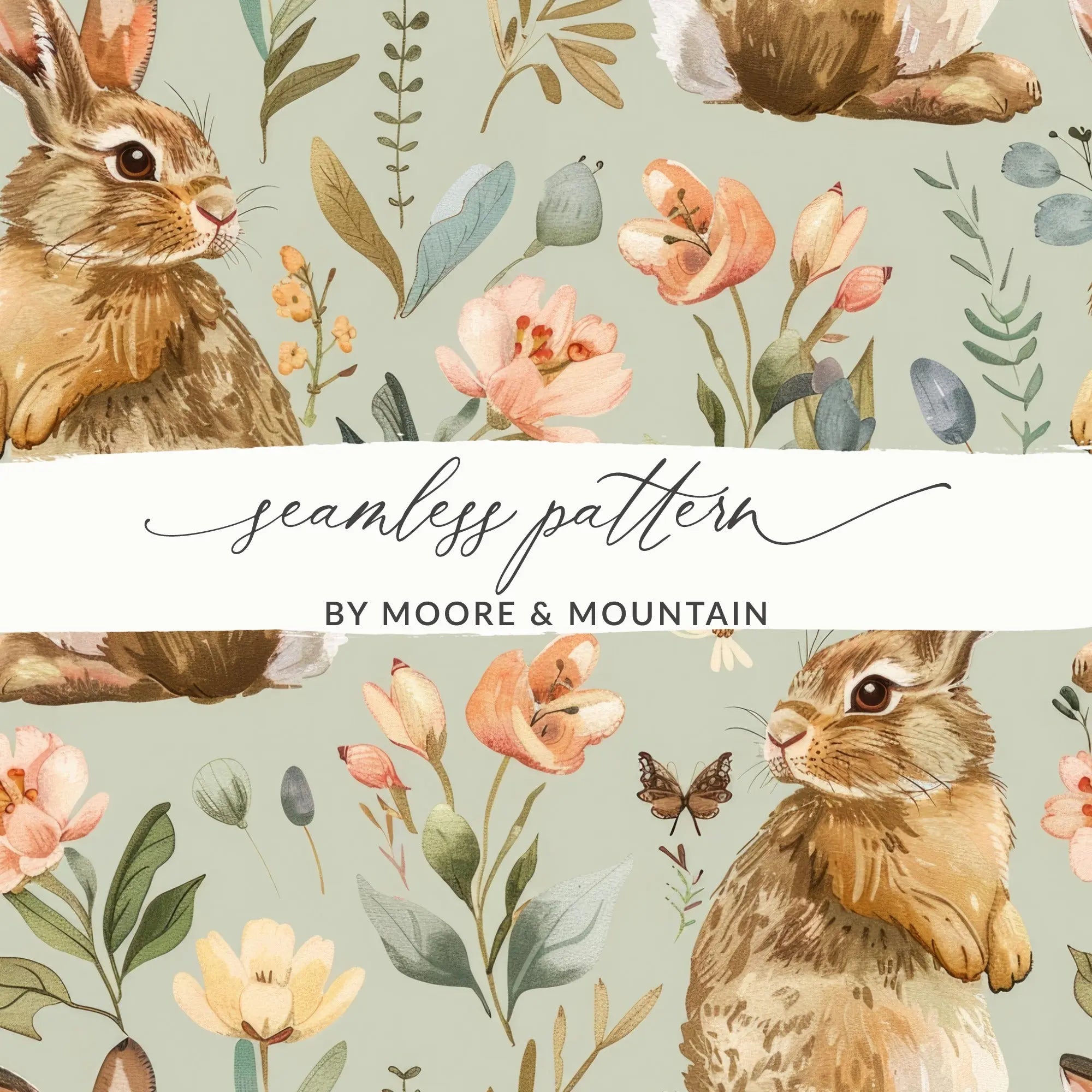 Rabbit Seamless Pattern Digital Paper, Floral Bunny Repeat Pattern, Cute Easter Fabric Design, Animal Illustration, Digital Download - Moore and Mountain