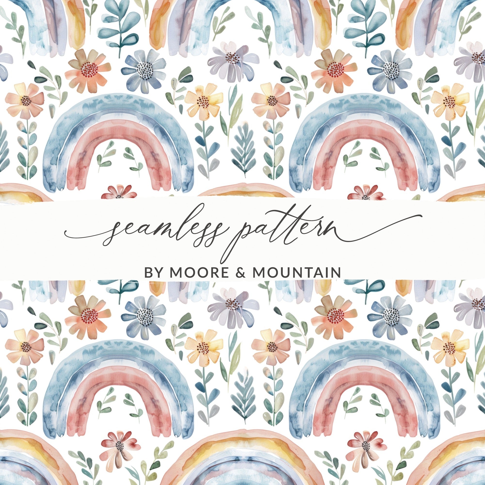 Rainbow Floral Digital Paper, Watercolor Seamless Pattern, Pastel Flowers Printable Paper, Boho Rainbow Digital Download, Nursery Decor - Moore and Mountain
