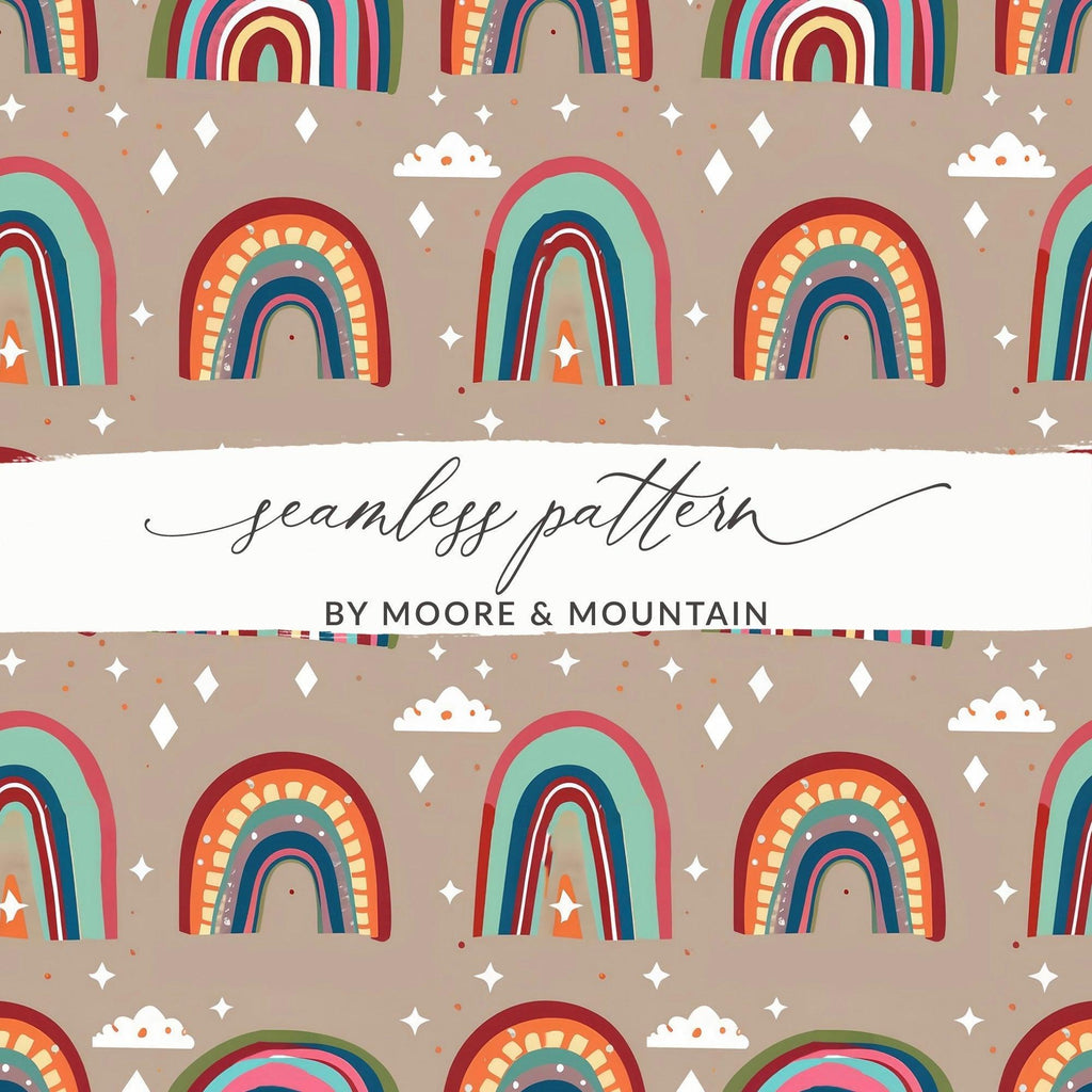 Rainbow Seamless Pattern Digital Paper, Boho Rainbow Printable, Rainbow Cloud Star Pattern, Nursery Decor, Kids Room Decor - Moore and Mountain