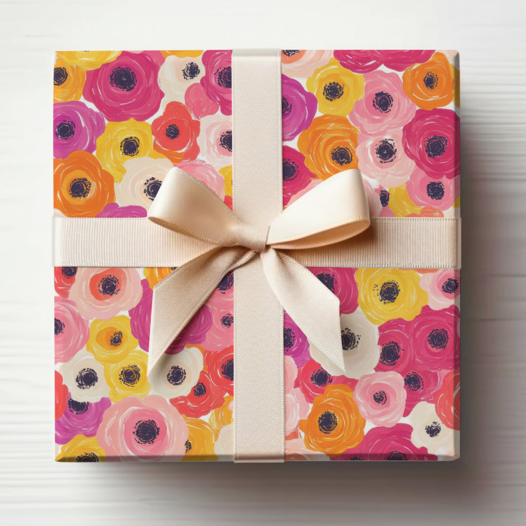 Bright Floral Patterned Gift Box with Cream Ribbon