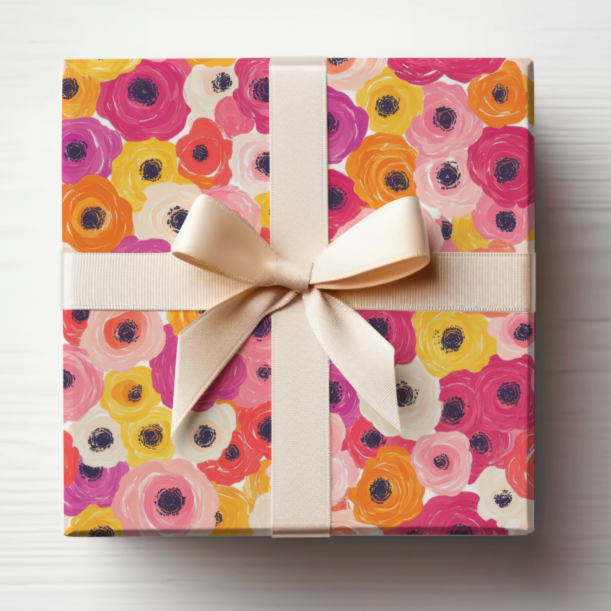 Bright Floral Patterned Gift Box with Cream Ribbon