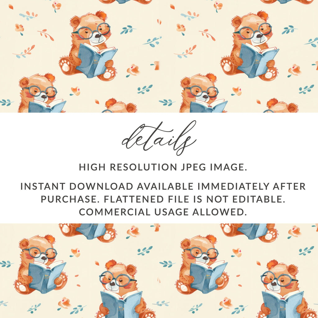 Reading Bear Digital Pattern, Seamless Teddy Bear Print, Cute Animal Illustration, Background for Kids, Scrapbooking Paper, Fabric Design - Moore and Mountain