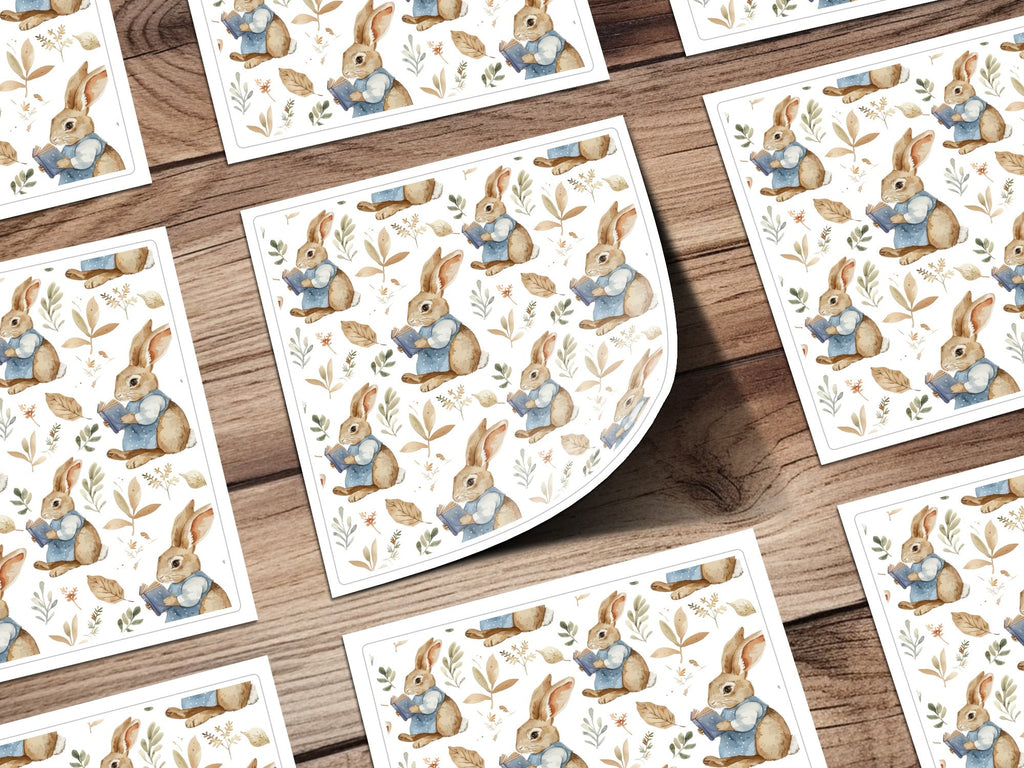 Reading Bunny Seamless Pattern Digital Paper, Easter Rabbit Fabric Design, Watercolor Floral Background, Cute Animal Surface Pattern - Moore and Mountain