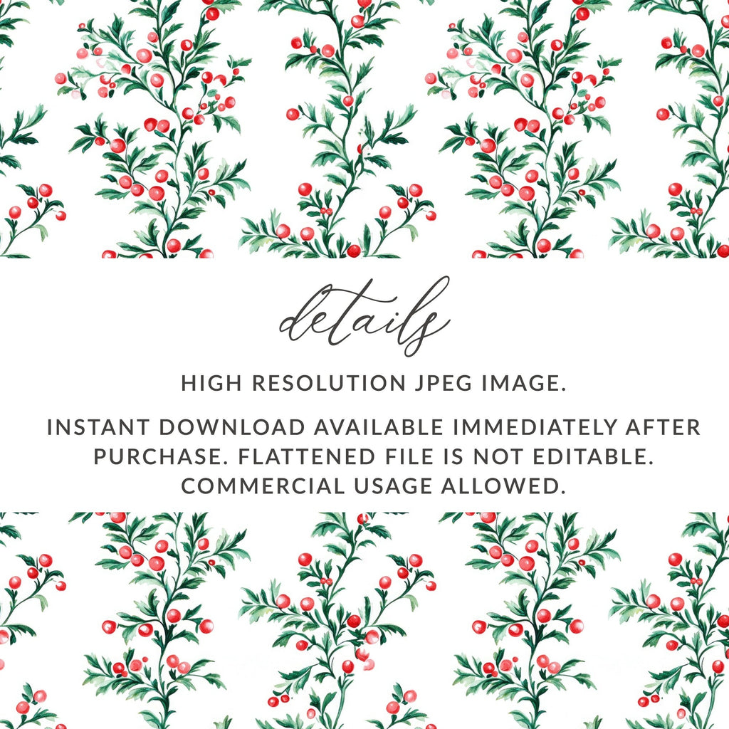 Red Berries Digital Paper, Watercolor Floral Pattern, Green Leaves Seamless Pattern, Christmas Pattern, Winter Design, Red Green - Moore and Mountain