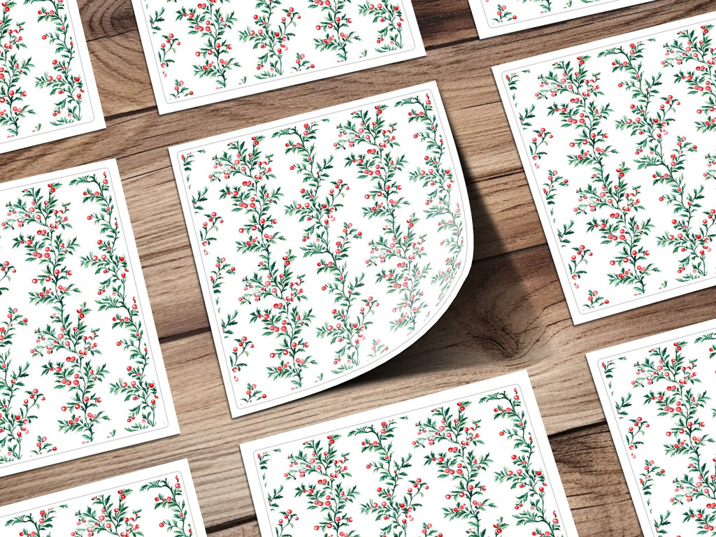 Red Berries Digital Paper, Watercolor Floral Pattern, Green Leaves Seamless Pattern, Christmas Pattern, Winter Design, Red Green - Moore and Mountain