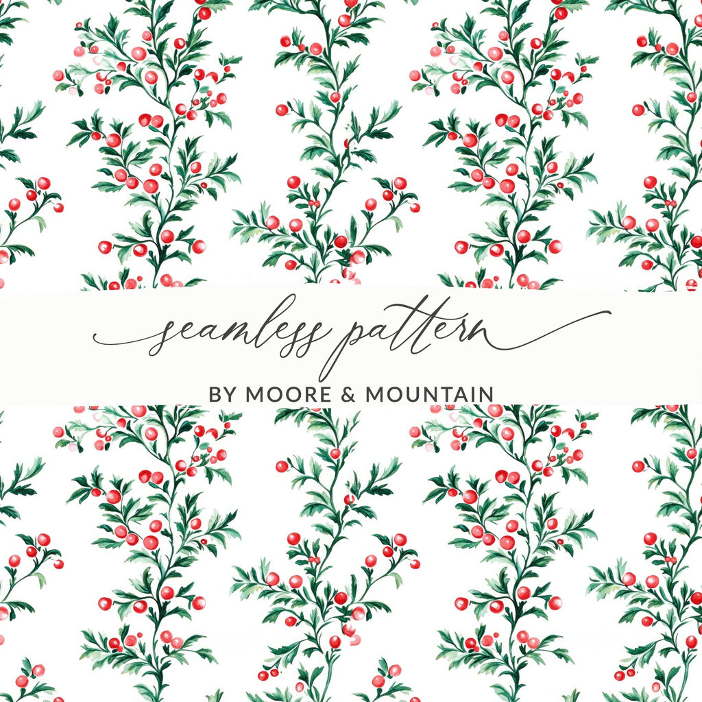 Red Berries Digital Paper, Watercolor Floral Pattern, Green Leaves Seamless Pattern, Christmas Pattern, Winter Design, Red Green - Moore and Mountain