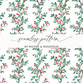 Red Berries Digital Paper, Watercolor Floral Pattern, Green Leaves Seamless Pattern, Christmas Pattern, Winter Design, Red Green - Moore and Mountain