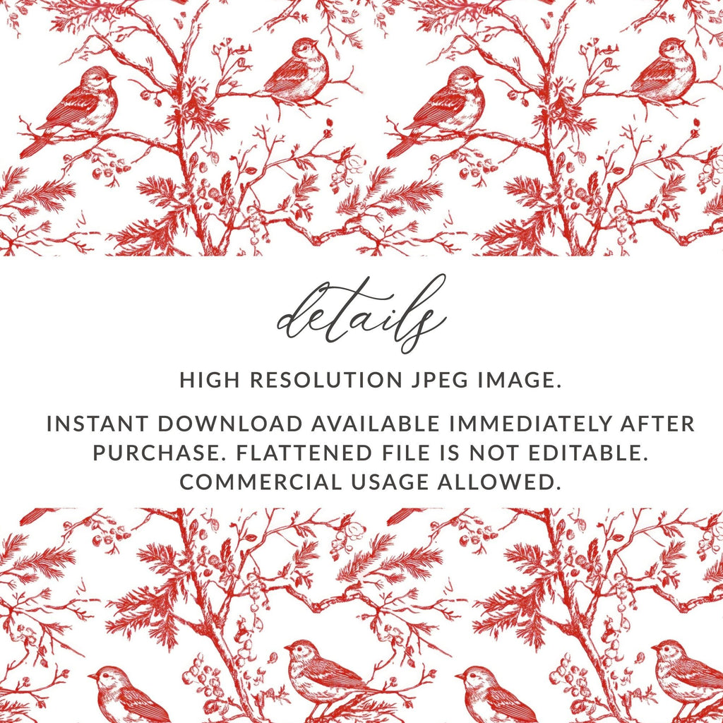 Red Bird Toile Digital Paper, Seamless Pattern, Printable Fabric Design, Rustic Bird Art, Scrapbook Paper, Digital Download - Moore and Mountain