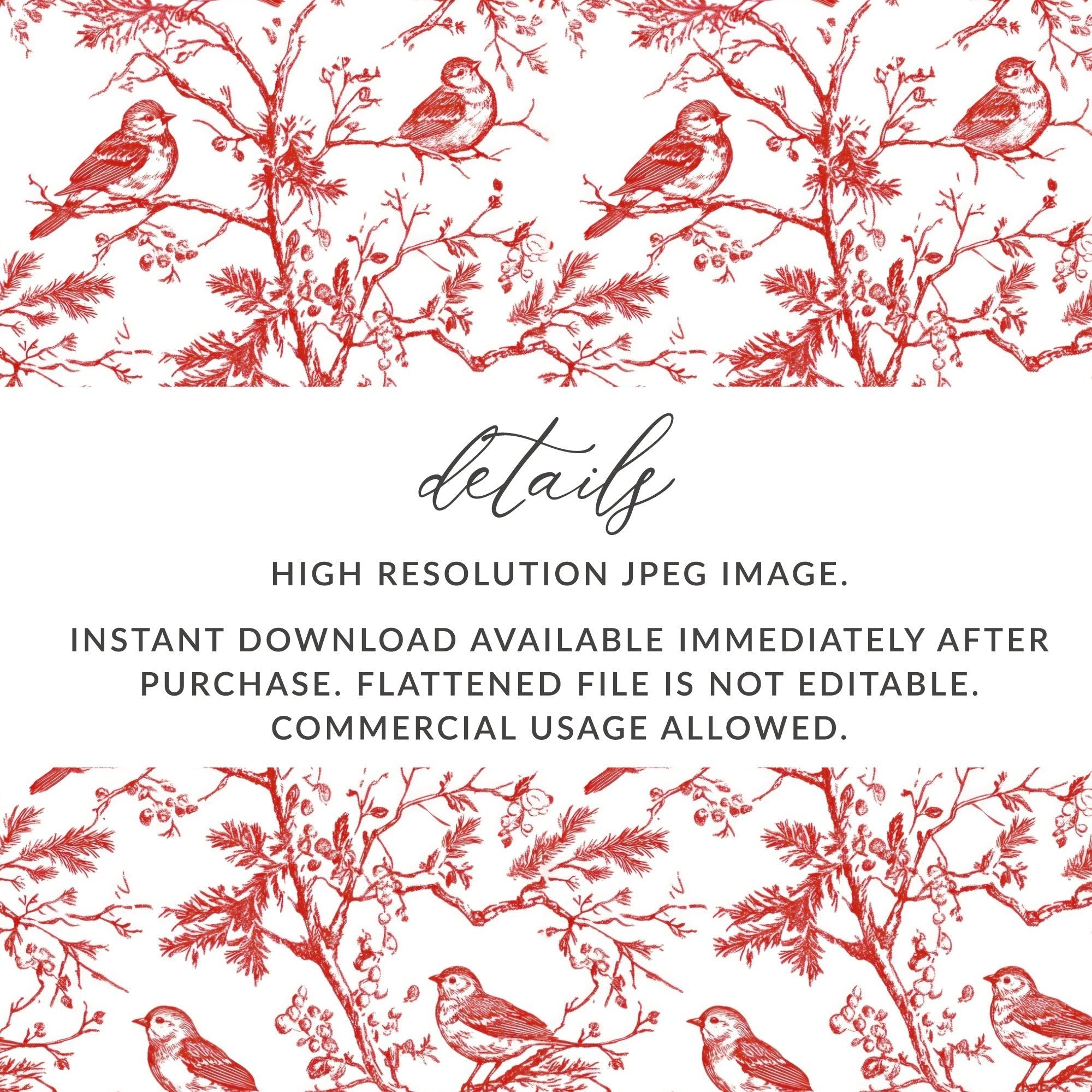 Red Bird Toile Digital Paper, Seamless Pattern, Printable Fabric Design, Rustic Bird Art, Scrapbook Paper, Digital Download - Moore and Mountain