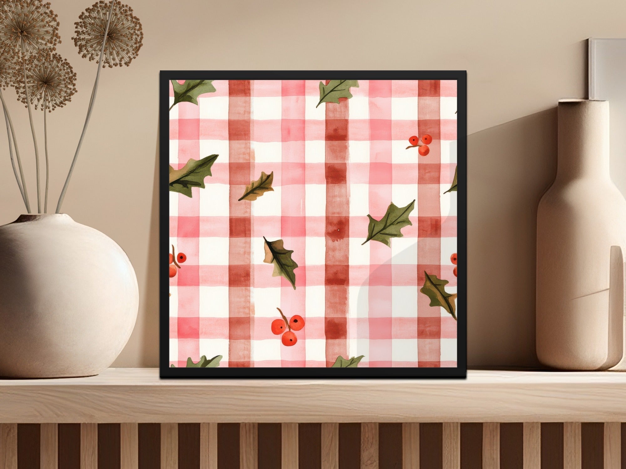 Red Buffalo Check Christmas Plaid With Holly Berries Seamless Pattern Checkered Xmas - Moore and Mountain