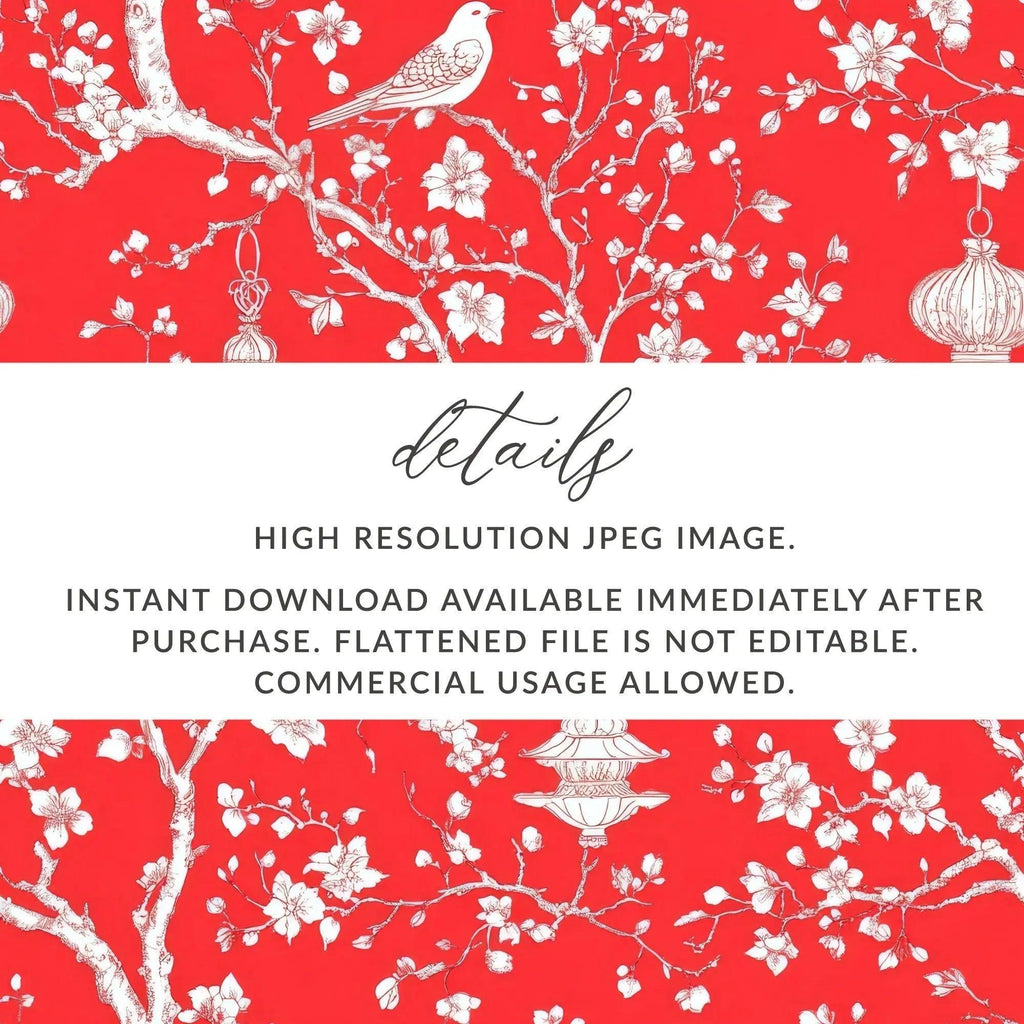 Red Chinoiserie Digital Paper, Floral Seamless Pattern, Bird Lantern Design, Scrapbooking Paper, Digital Download for Commercial Use - Moore and Mountain