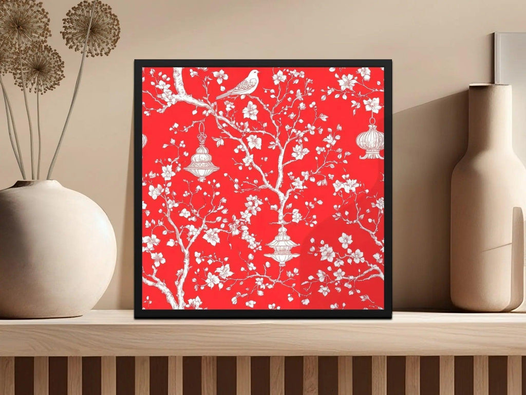 Red Chinoiserie Digital Paper, Floral Seamless Pattern, Bird Lantern Design, Scrapbooking Paper, Digital Download for Commercial Use - Moore and Mountain