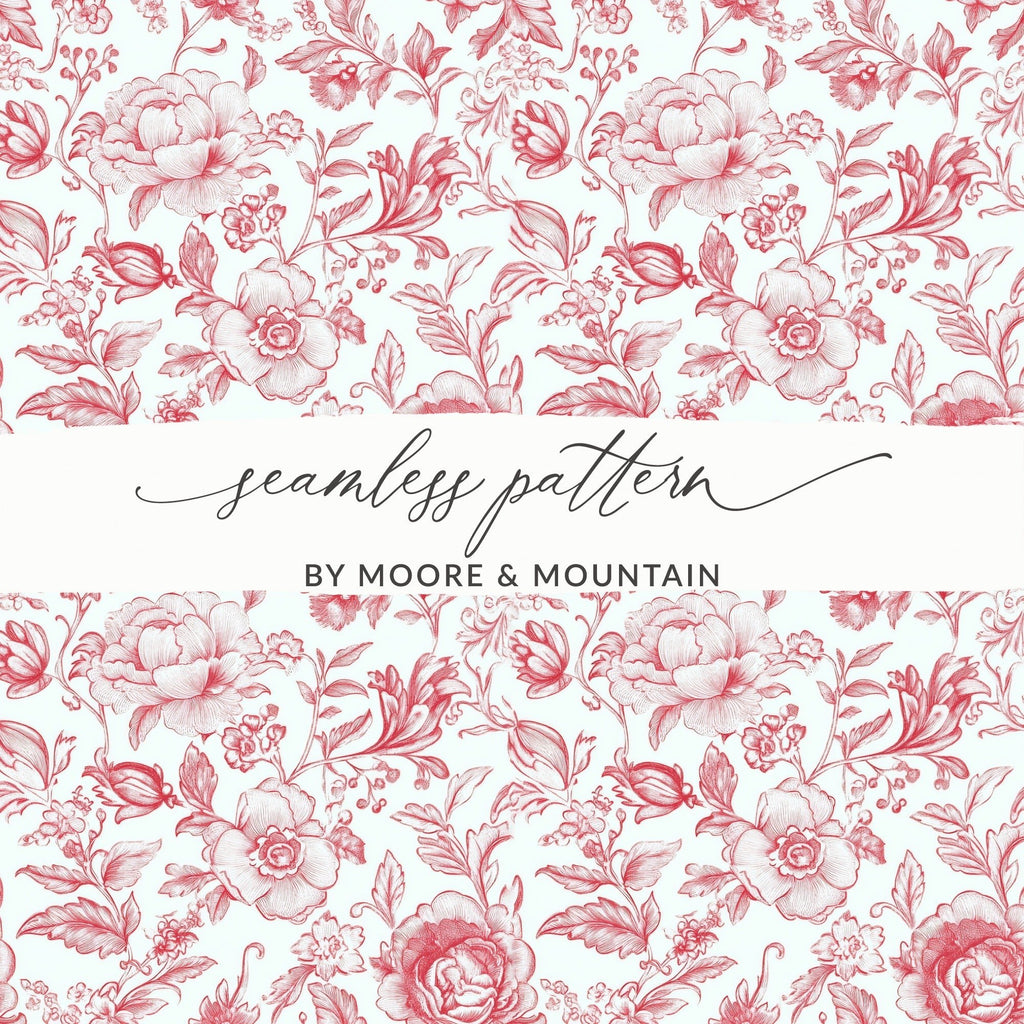 Red Chinoiserie Seamless Rose Pattern, French Toile Blooming Flowers Repeat Pattern Artwork Decoration Digital - Moore and Mountain