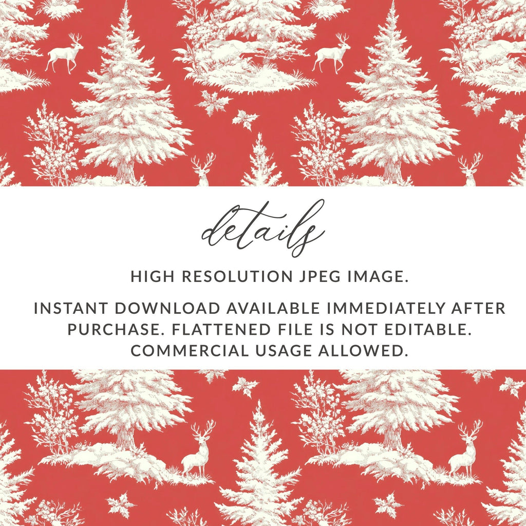Red Christmas Toile Digital Pattern, Seamless Winter Deer Forest Print, Holiday Fabric Design, Festive Paper Download, Repeating Tile Image - Moore and Mountain