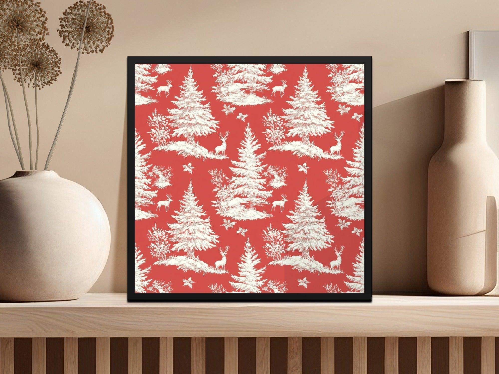Red Christmas Toile Digital Pattern, Seamless Winter Deer Forest Print, Holiday Fabric Design, Festive Paper Download, Repeating Tile Image - Moore and Mountain
