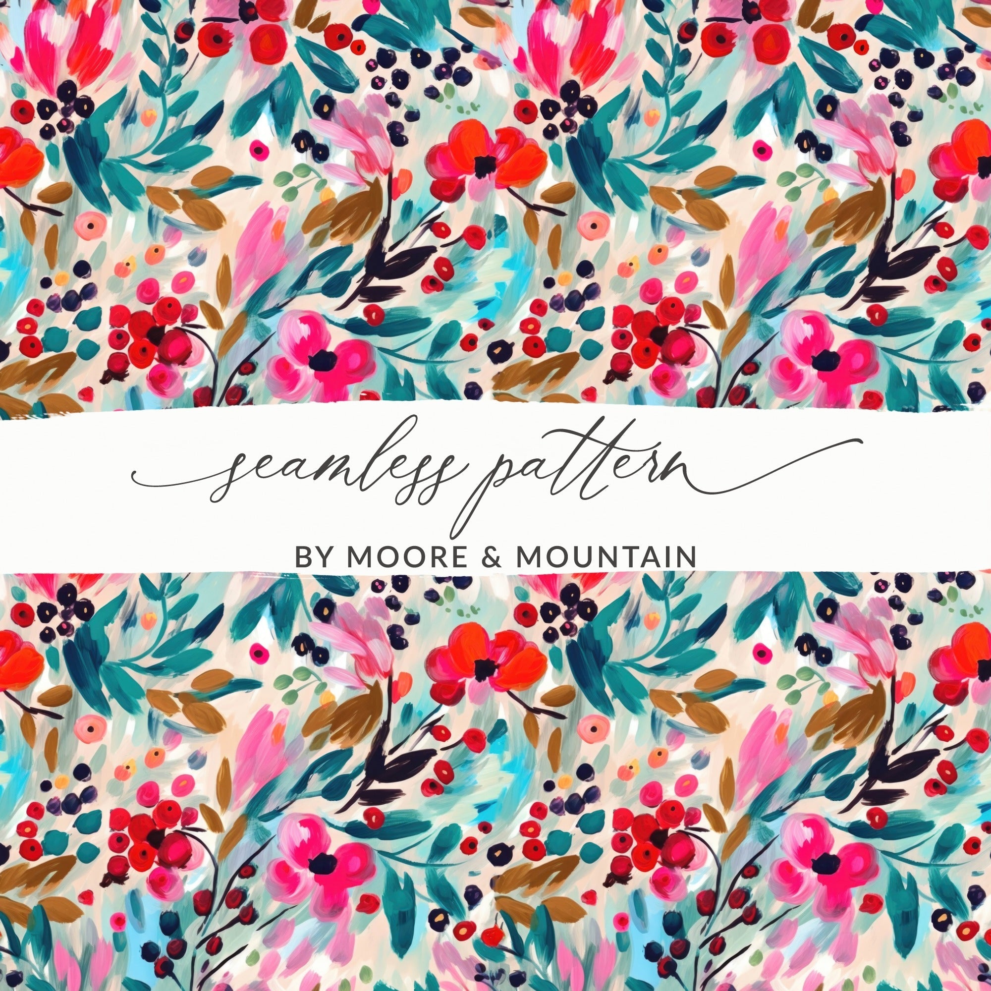 Red Floral Digital Print, Watercolor Floral, Spring Flowers, Colorful Pattern, Pink Red Teal Botanical, Seamless Pattern for Fabric, Design - Moore and Mountain