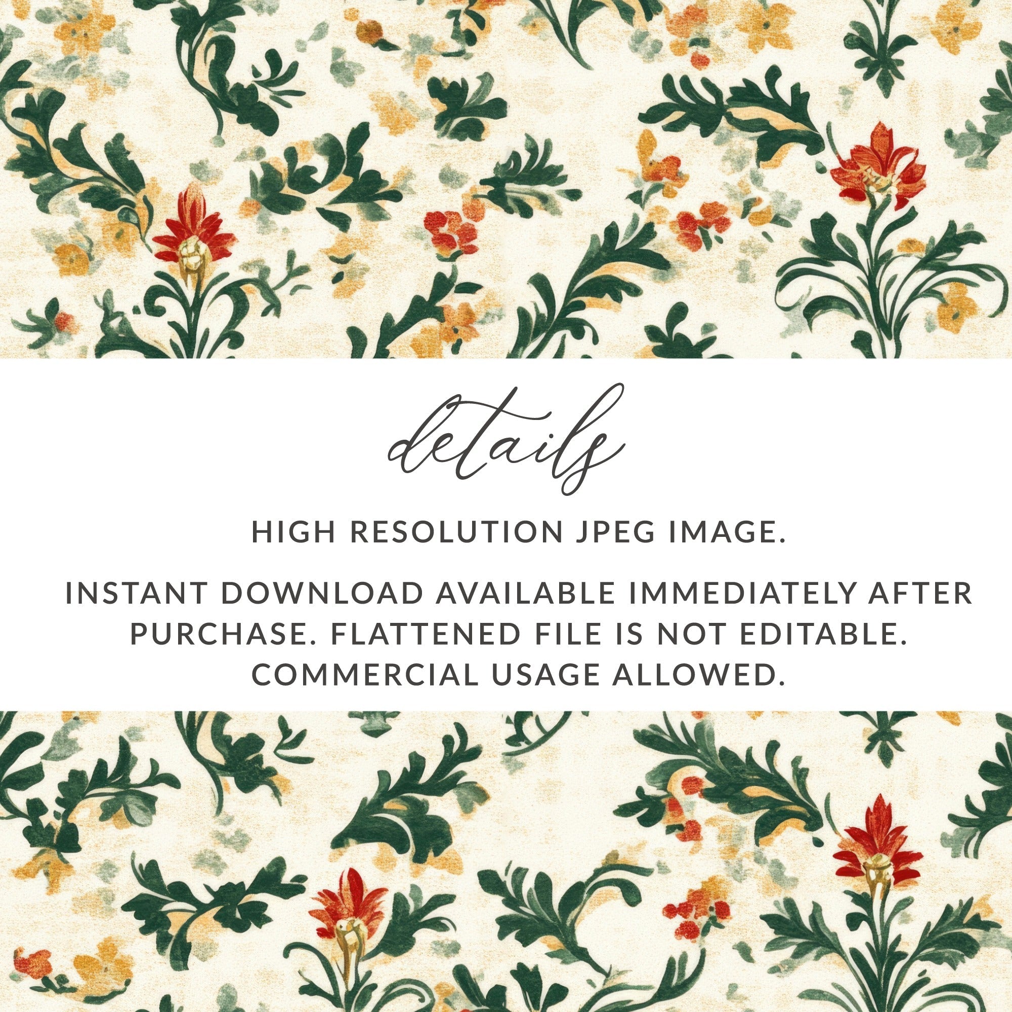 Red Flower Digital Paper, Green Leaves Pattern, Vintage Floral Design, Printable Scrapbook Paper, Fall, Winter Digital Background - Moore and Mountain