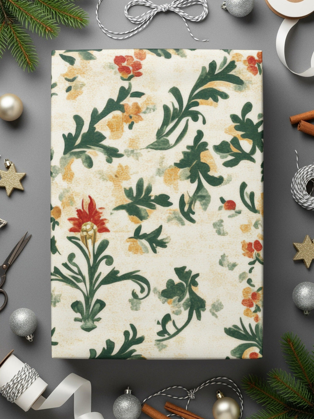 Red Flower Digital Paper, Green Leaves Pattern, Vintage Floral Design, Printable Scrapbook Paper, Fall, Winter Digital Background - Moore and Mountain