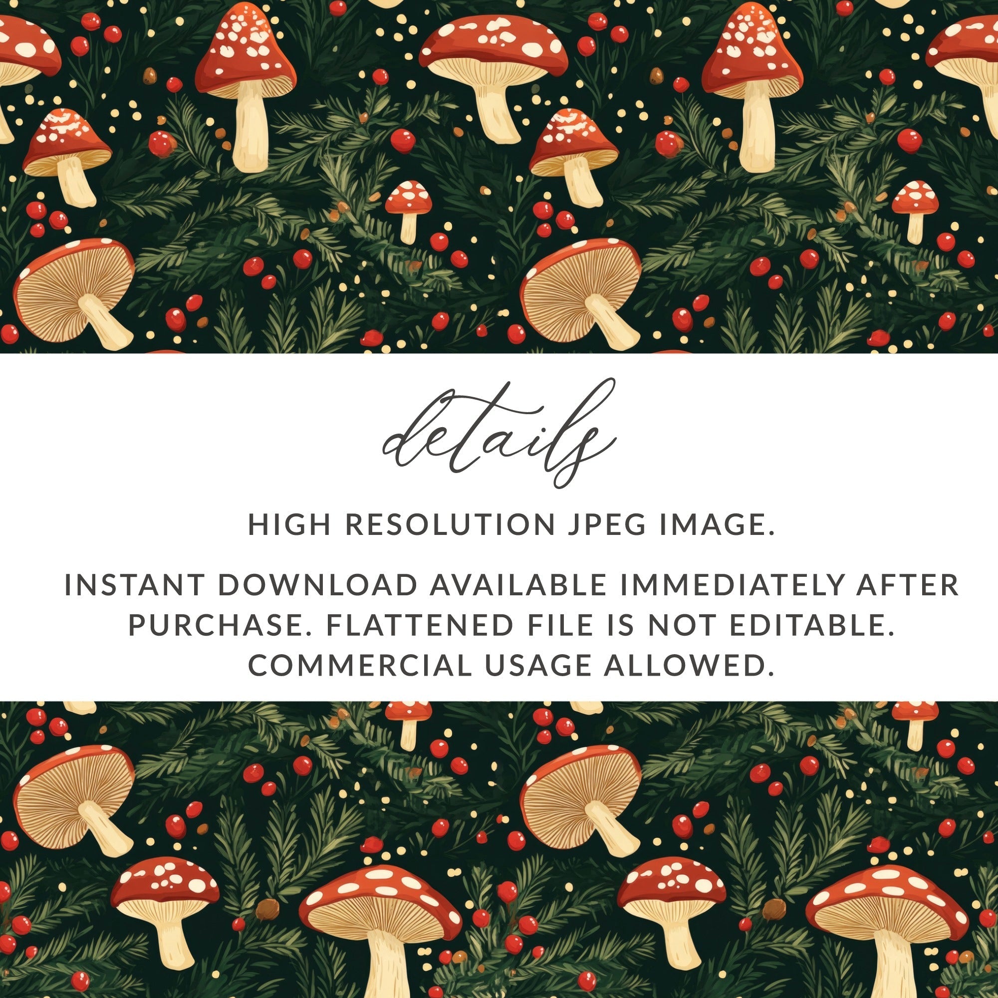 Red Mushroom & Berries With Branches Digital Pattern Printable Art - Moore and Mountain