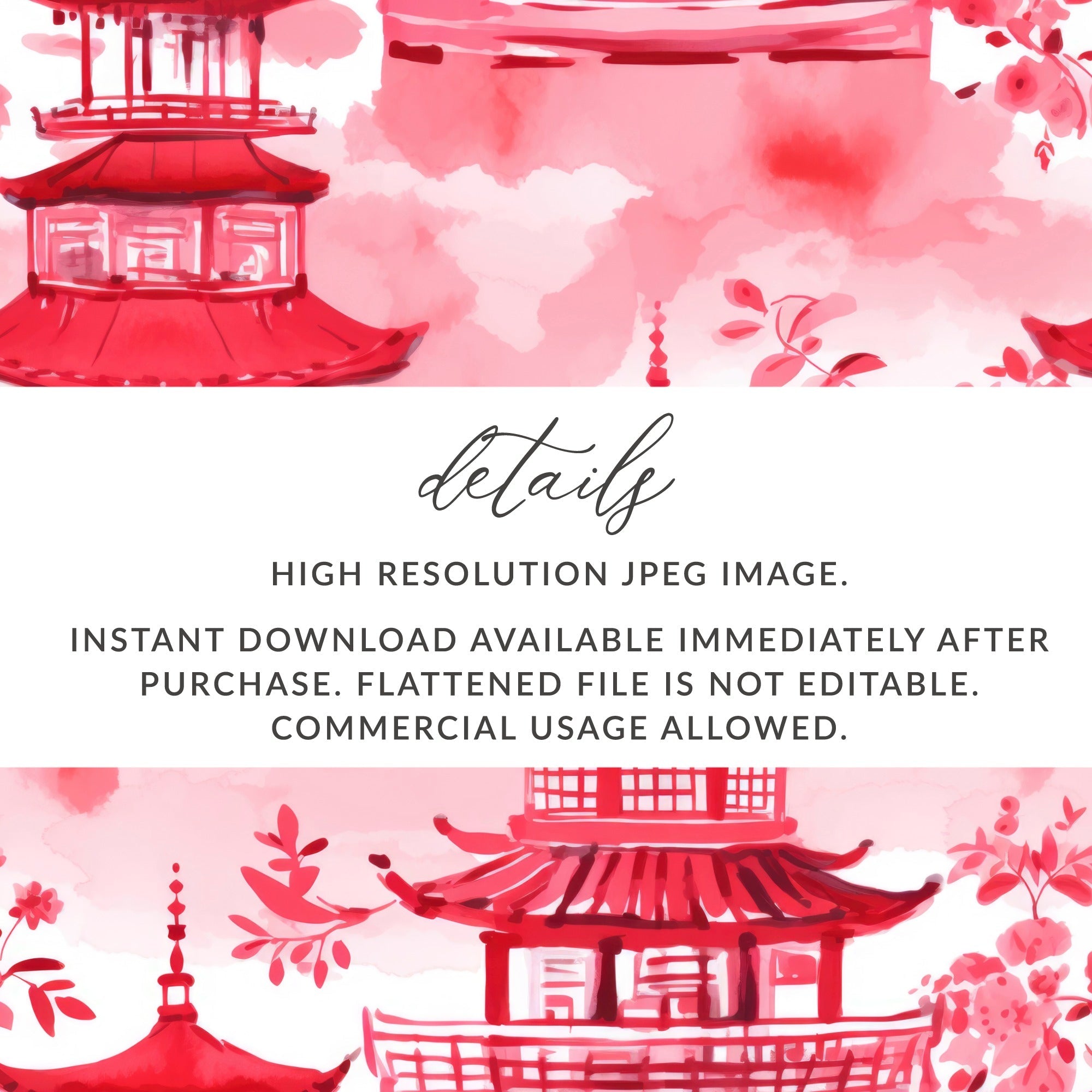 Red Pagoda Digital Paper, Japanese Seamless Pattern, Oriental Design, Scrapbook Paper, Asian Fabric, Chinoiserie Printable Paper, Digital - Moore and Mountain