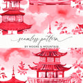 Red Pagoda Digital Paper, Japanese Seamless Pattern, Oriental Design, Scrapbook Paper, Asian Fabric, Chinoiserie Printable Paper, Digital - Moore and Mountain
