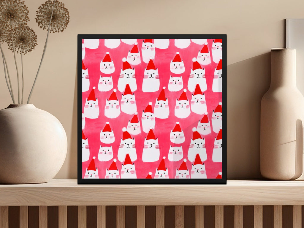 Red Pink Cat Santa Hat Digital Paper, Christmas Kitten Pattern, Holiday Pet Fabric Design, Winter Festive Download, Seamless - Moore and Mountain