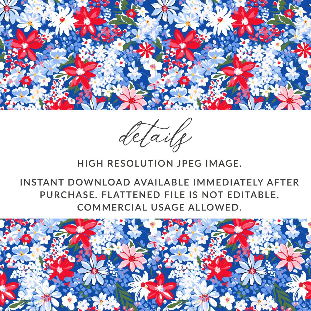 Red White Blue Floral Seamless Pattern, Digital Paper Pack, Flower Pattern Fabric Design, Scrapbooking Paper, Floral Digital File - Moore and Mountain